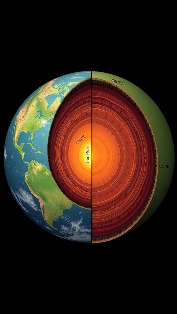 Cross-section of the Earth showing crust, mantle, and core layers.